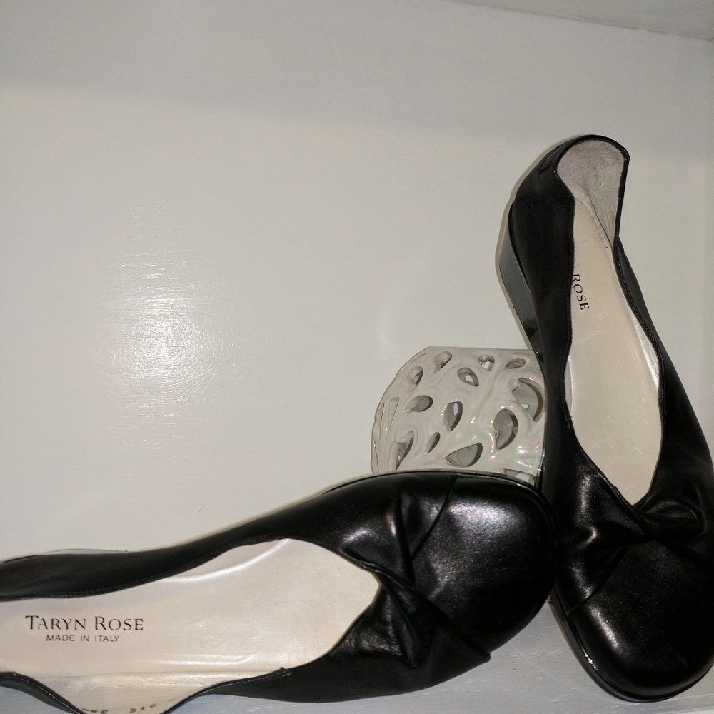 Taryn Rose leather and patent leather wedge heel.